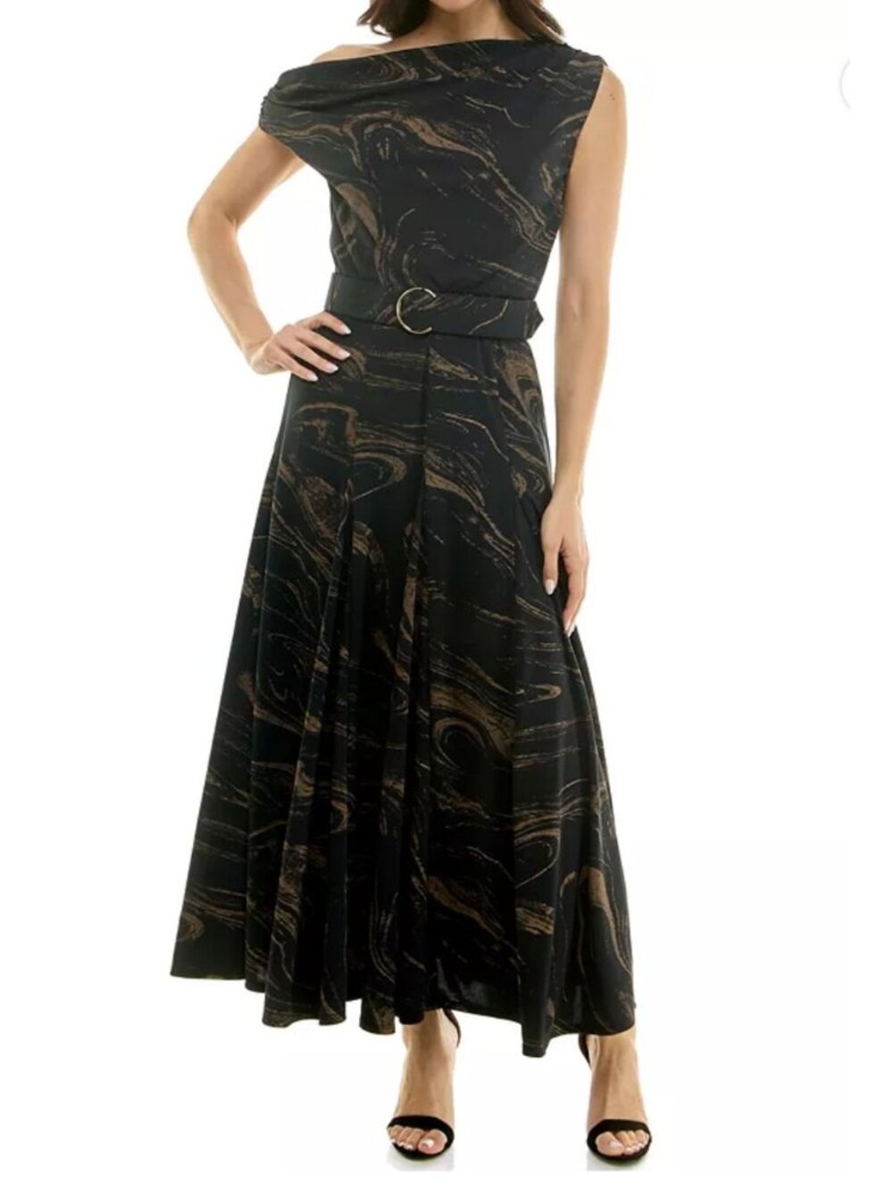 NWT Taylor Black Gold Abstract Belted Midi Dress Size 6 MSRP $148